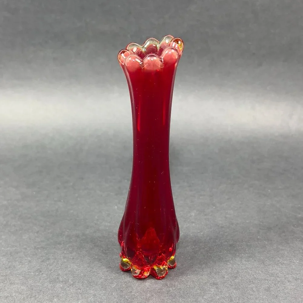 Vtg Fostoria 1229 Ruby Red Heirloom Art Clear Glass Bud 6" Vase 60s Glows - Picture 9 of 16